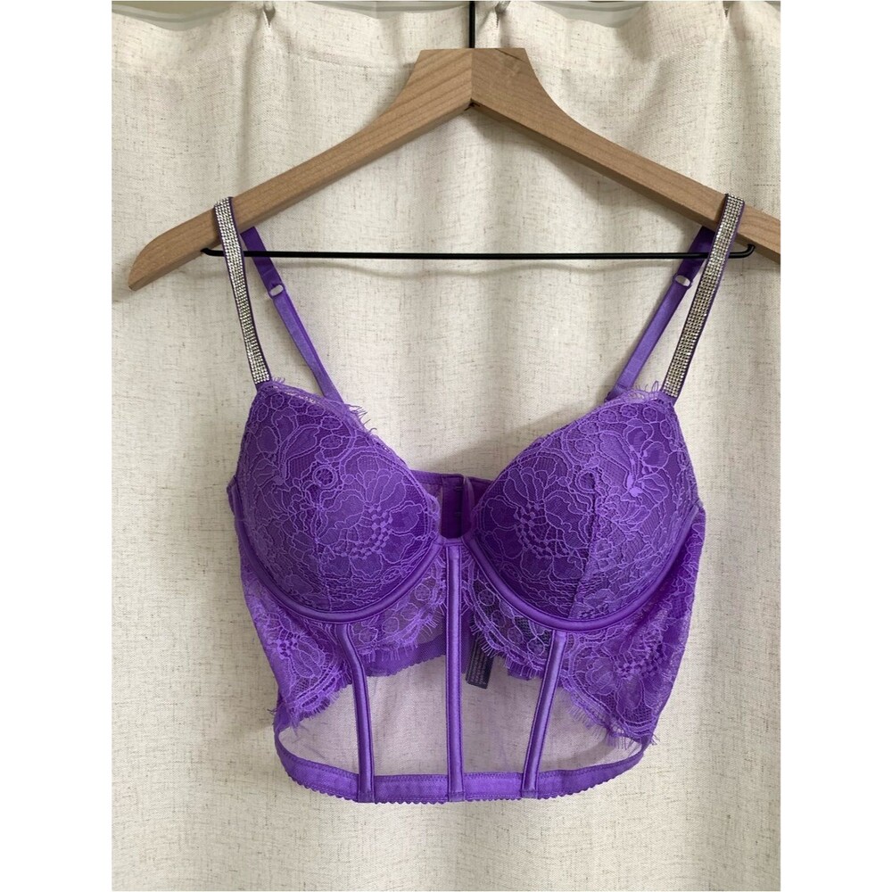 Victoria's Secret Purple Lace Longline Bra with Rhinestone Straps Mesh 34C
